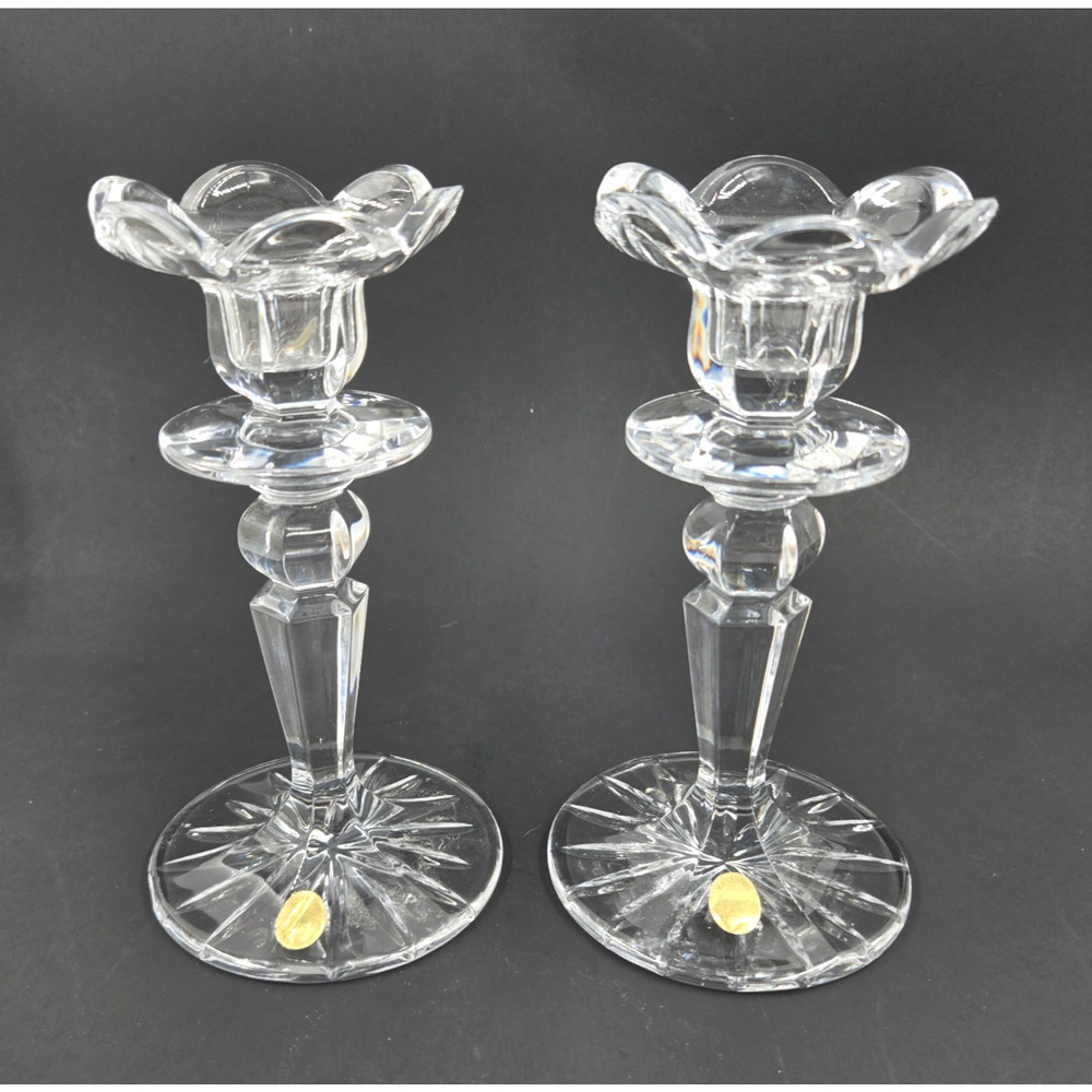 Vintage German Bleikristall 24% Lead Crystal Pair Candlestick Holders w Stickers